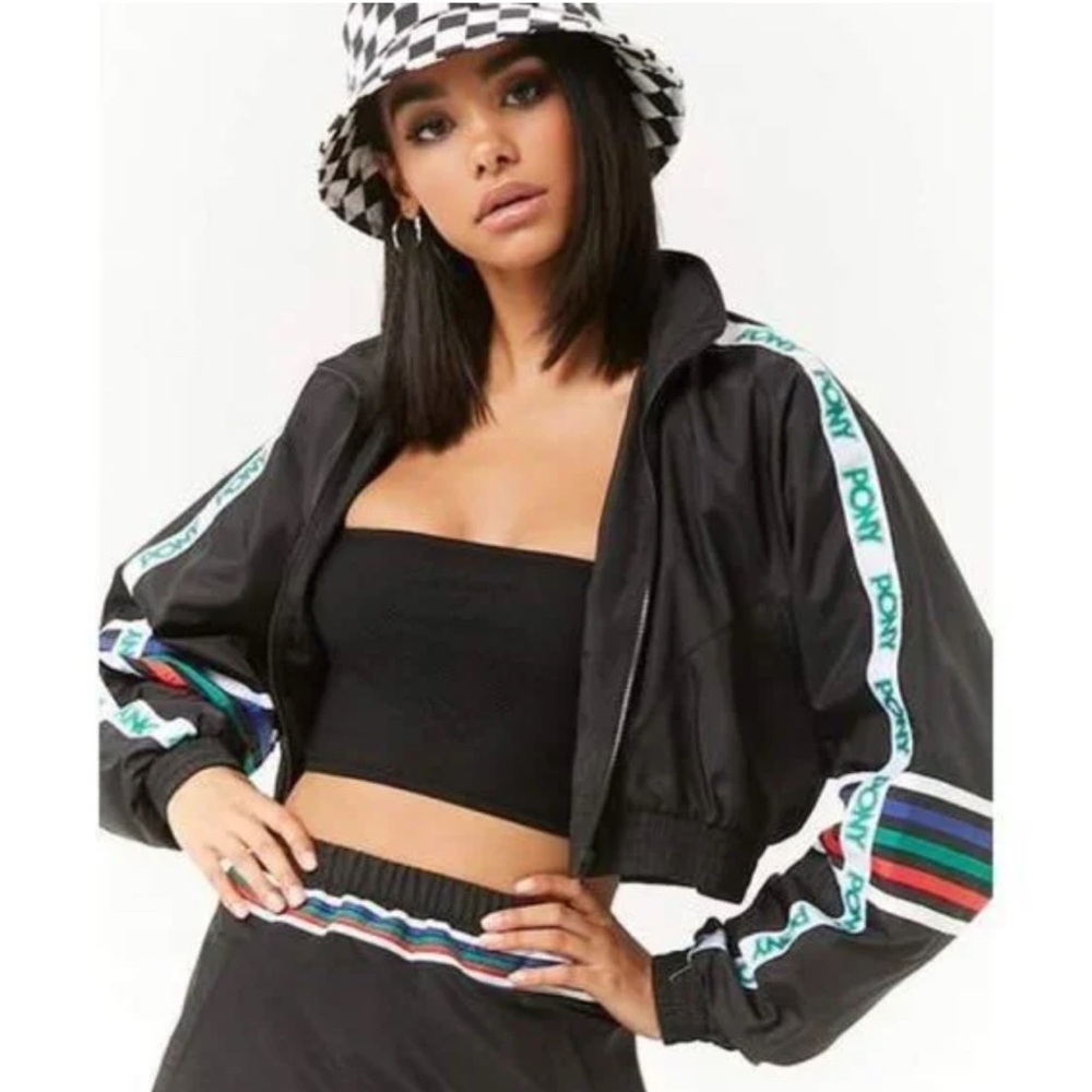 FOREVER 21 x PONY cropped black lightweight logo sleeve windbreaker size 1 X